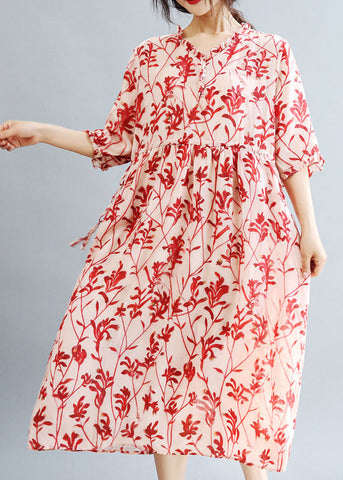 Vestido de fiesta de lino con estampado de volantes rojos, manga corta, hecho a mano 