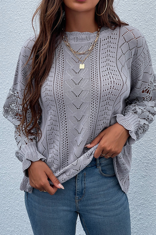 Casual Solid Lace Hollowed Out O Neck Tops Sweater(4 Colors)