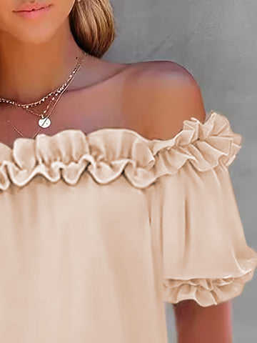 Blusas y camisas sueltas de manga corta con volantes plisados ​​y ribetes de color liso con hombros descubiertos 