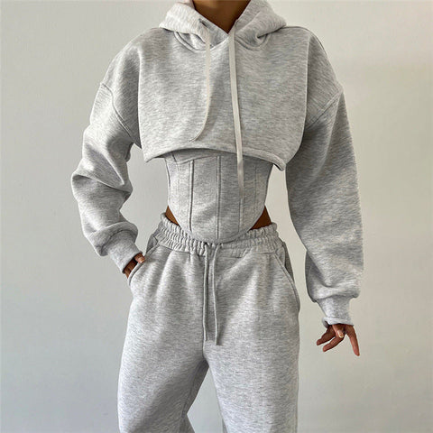 Autumn Winter Women Hooded Sweater Blouse Camisole Waist Pants Set