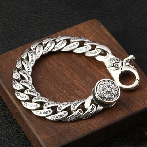 Sterling Silver Six Character Truth Vajra Pestle Curb Chain Bracelet