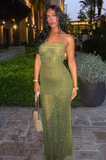 Halter Tie Cutout Back Ruched Solid Bodycon Maxi Dress