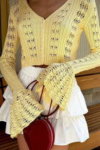 Hollow Out Knit V Neck Long Sleeve Cardigan