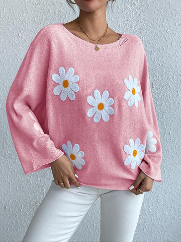 Suéter suelto con mangas de murciélago y bordado floral 
