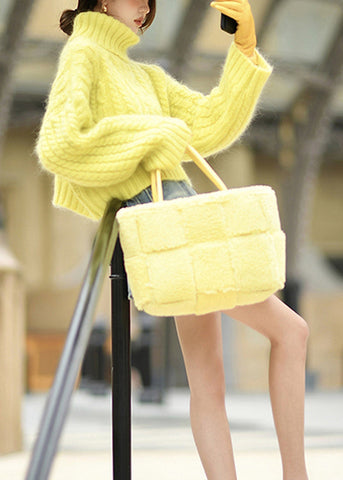 Suéteres de punto cortos Ma Hai Mao gruesos de cuello alto amarillos de moda para invierno 