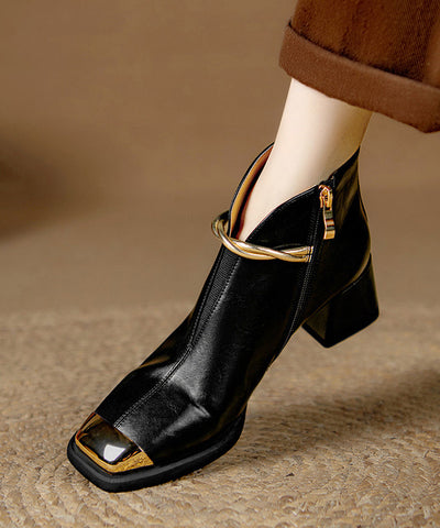 Stilvolle Splicing Chunky Heel Stiefel Schwarzes Rindsleder 