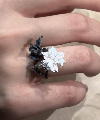 Chice Schwarz Weiß Stering Silber Blumenringe 