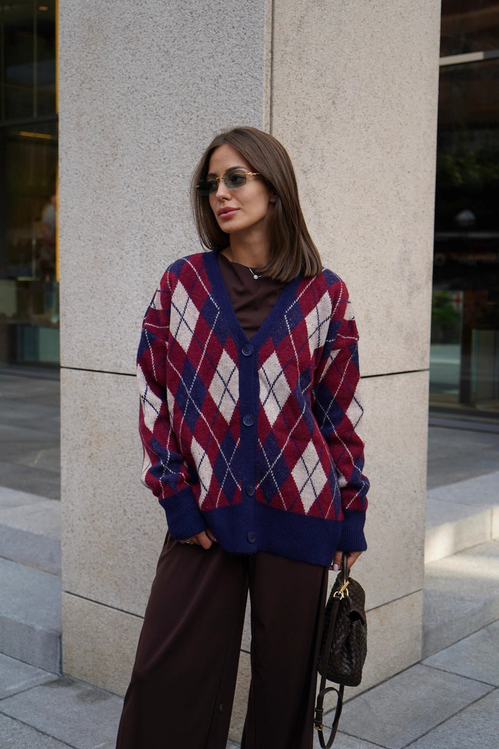 Thick Plaid V Neck Loose Long Sleeve Knit Cardigan
