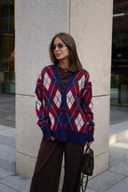 Thick Plaid V Neck Loose Long Sleeve Knit Cardigan