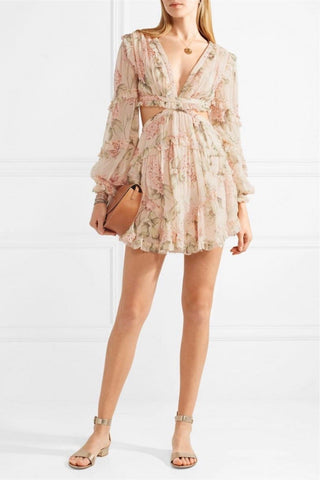 Floral Long Sleeve V-Neck Cut-Out Mini Dress