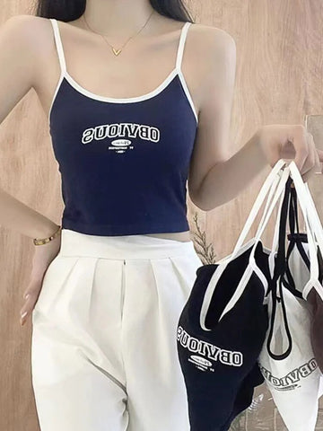 Tops cortos con sujetador acolchado para mujer, tops cortos lisos con cuello redondo, tops con estampado de letras de verano 2024, camisola de espagueti 