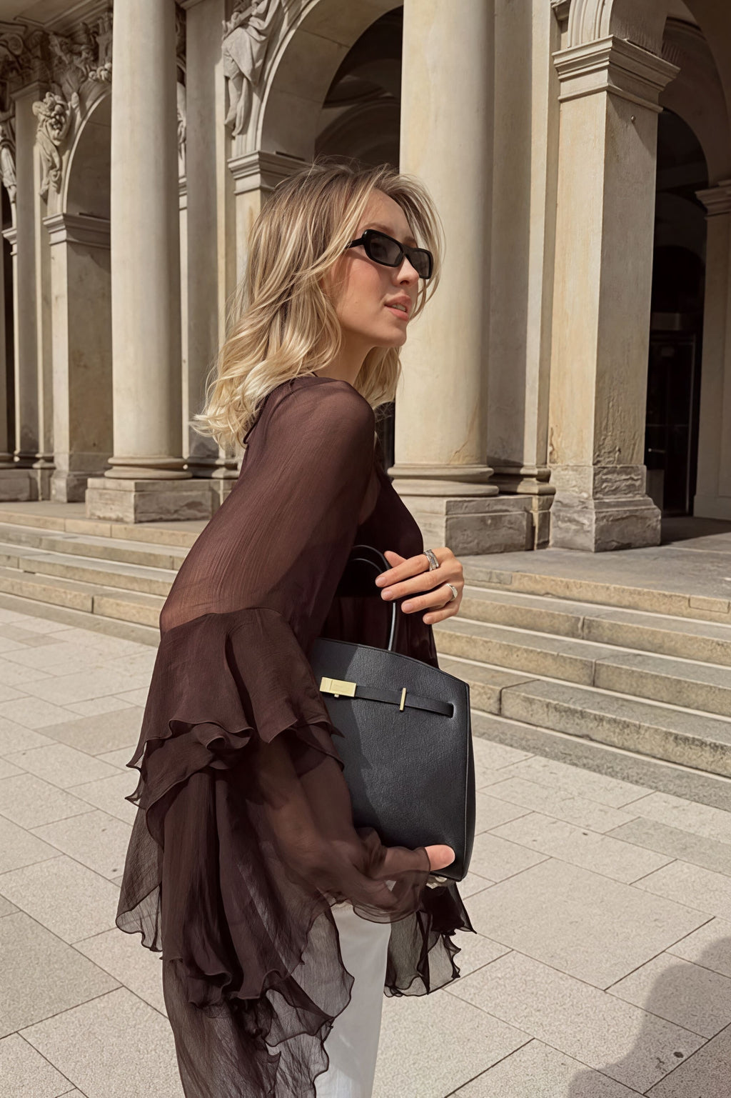 Loose Fit Ruffled Chiffon Round Neck Blouse
