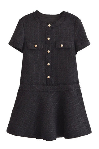 1960er London Girl Tweed Strukturiertes Minikleid mit goldenen Knöpfen und kurzen Ärmeln und Taschen