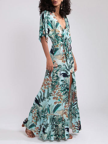 Floral-Print Half Sleeve Knotted Maxi Dress