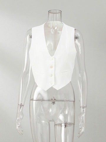 Chaleco corto sin mangas de un solo pecho, informal, a la moda, con cuello en V y bolsillos, ropa de calle sencilla de verano 2024 para mujer 