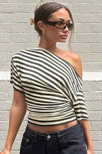 Vintage Asymmetrical Shoulder Striped Tie Waist T-shirt
