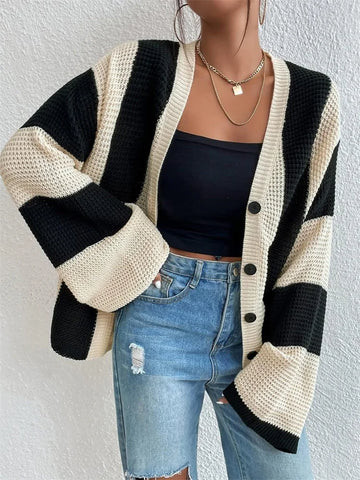 Suéter cárdigan de moda con contraste y agujeros de Tossy, prenda de punto para mujer, suelto, de manga larga, ropa de calle, abrigo de retazos para mujer 