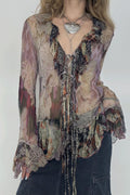Tie Dye Mesh Ruffle Flare Sleeve Blouse