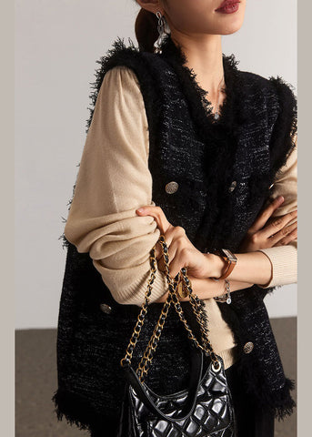 Französische schwarze Weste aus Baumwolle mit Quasten und Knöpfen, Patchwork, ärmellos 