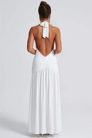 Vestido largo Norma con cuello en V profundo y cuello halter 