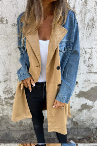 Chaqueta vaquera informal holgada de manga larga con cuello vuelto, botones y patchwork en contraste 