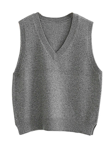 Suéter informal holgado sin mangas de color liso con cuello en V 