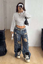 Y2K Lantern Sleeve Crop Sweatshirts