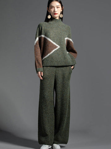 Casual Long Sleeves Loose Contrast Color Jacquard High-Neck Sweater Tops