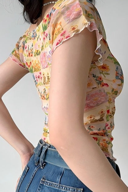 Floral Mesh Slim V Neck Tube Blouse
