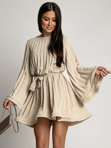 Skater Dresses Jewel Neck Long Sleeves Lace Up Chic Flared Dress Mini Dresses