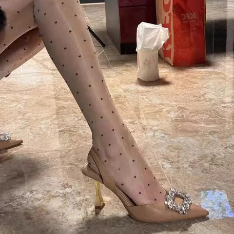 Nude colored pointed high heels new French style socialite real leather bun toe thin heels back hollow rhinestone sandals