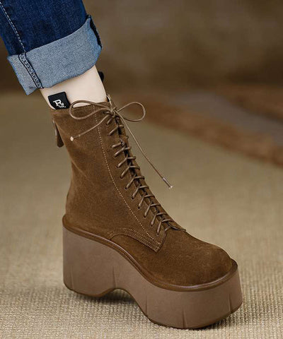 Nuevas botas de cuña de ante marrón con cordones y empalme único 
