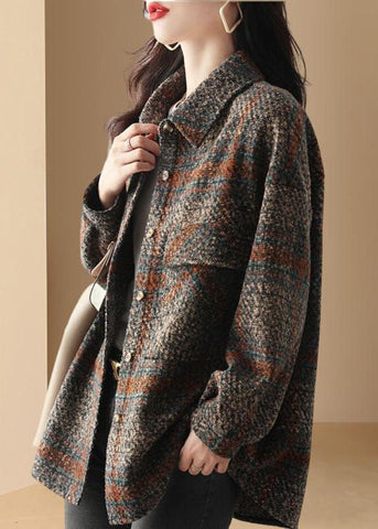 Einzigartiger dicker Mantel mit Peter-Pan-Kragen und Karomuster und langen Ärmeln 