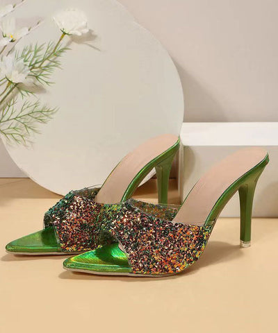 Moderne grüne Pailletten Spleißen Stiletto High Heels Slide Sandalen 