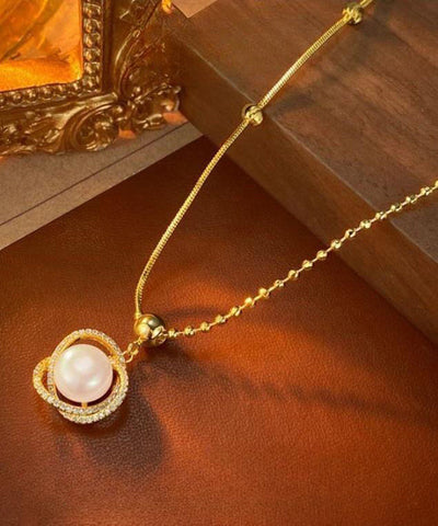Collar con colgante de perla y circonitas doradas de plata esterlina a la moda 