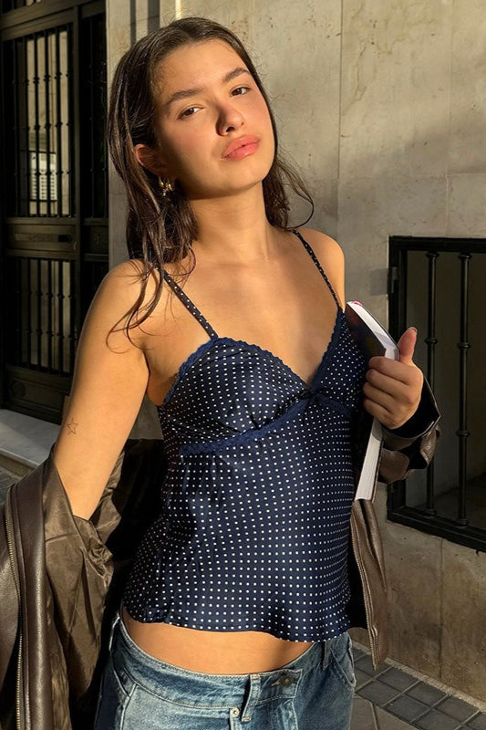 Sexy Polka Dot Color Block Lace Cami Top