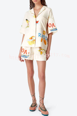 Conjunto de blusa de mezcla de lino con estampado pintado a mano y pantalones cortos con bolsillos y cintura elástica de Hello Summer 