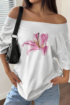 Lily Print Asym Off‑Shoulder T‑shirt
