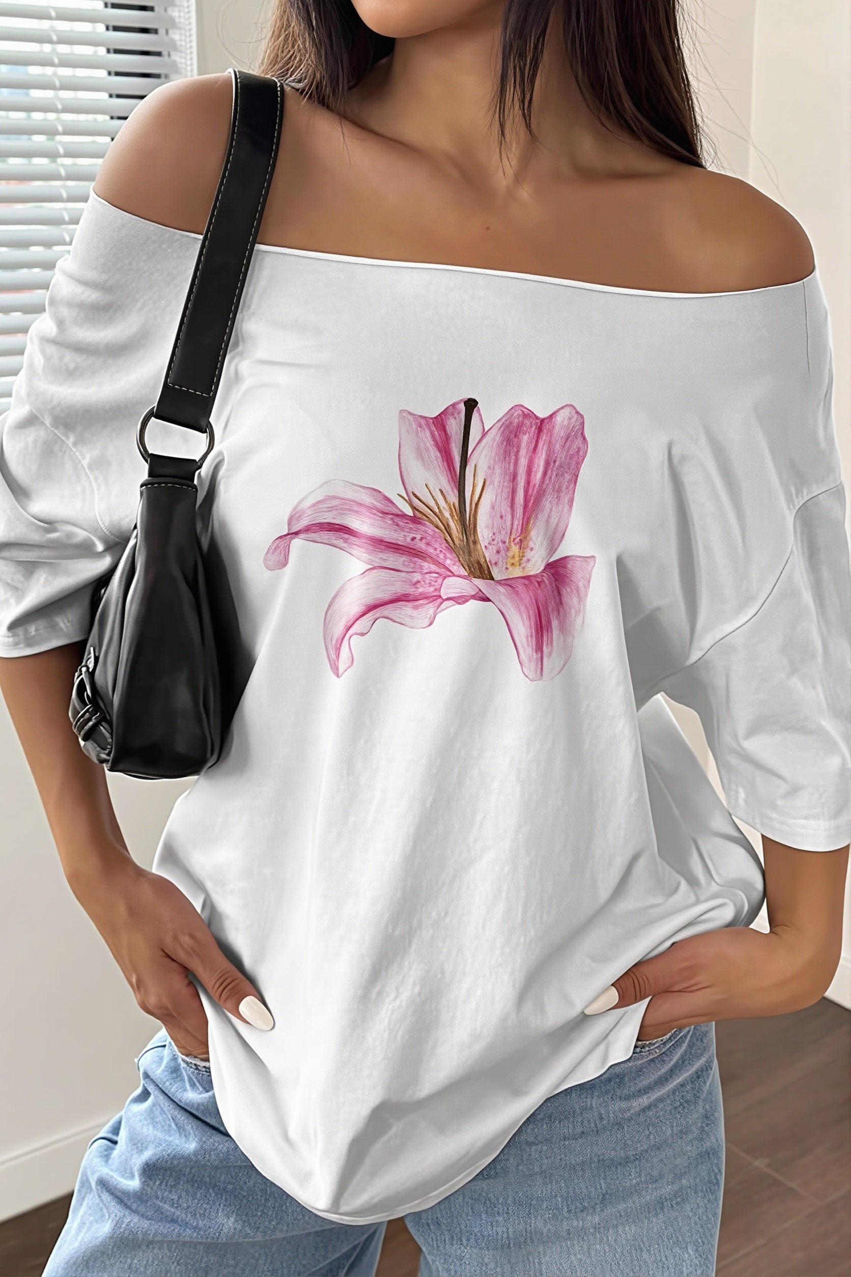Lily Print Asym Off‑Shoulder T‑shirt
