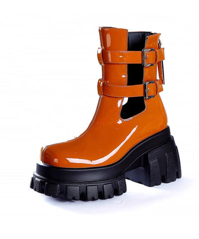 Botas gruesas únicas y cómodas de piel sintética ahuecadas de color naranja 