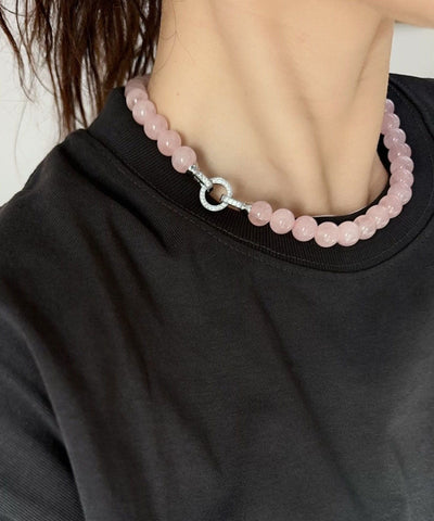 Collar bohemio de plata de ley rosa con cuentas de cristal 