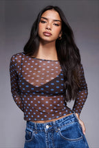 Polka Dot See Through Mesh Blouse
