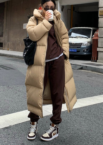 Mode Khaki Reißverschlusstaschen Kapuzen Entendaunen Puffer Mantel Winter 