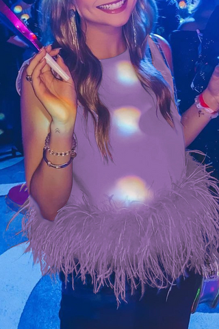 Casual Solid Feathers O Neck Tops(5 Colors)