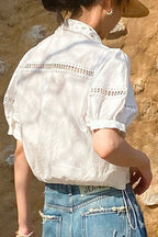Chic Stripe Lace Puff Sleeve Blouse