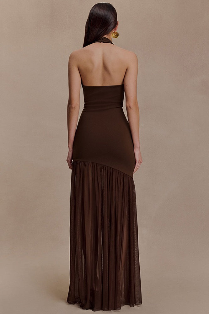 Asymmetrical Cutout Shirred Backless Fitted Maxi Dress