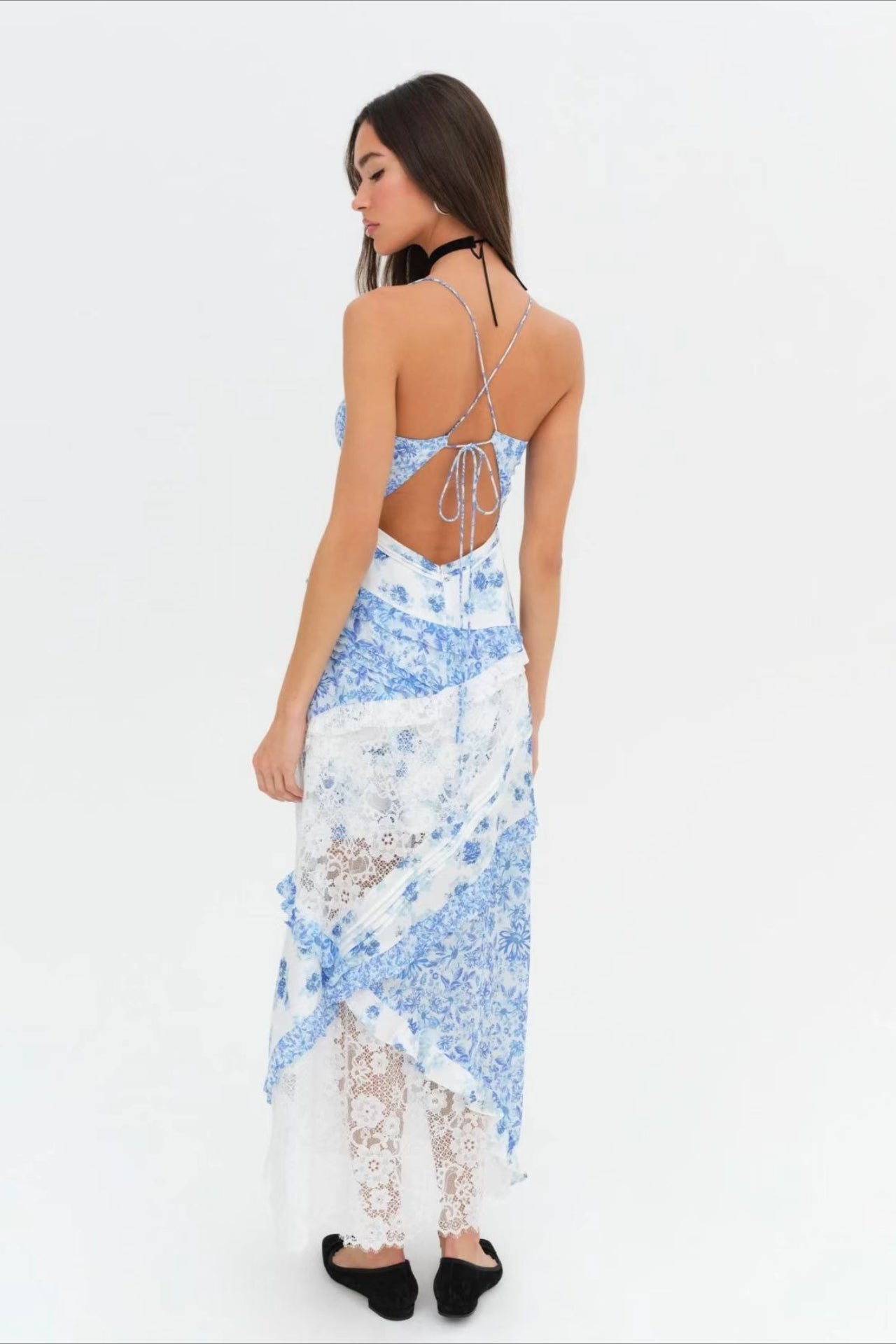 Deep V Ruffle Floral Lace Patchwork Cami Maxi Dress
