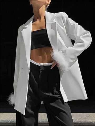 Traje de abrigo de plumas blancas y esponjosas para mujer, moda de otoño 2023, cárdigan de retazos, traje liso y holgado para mujer. 