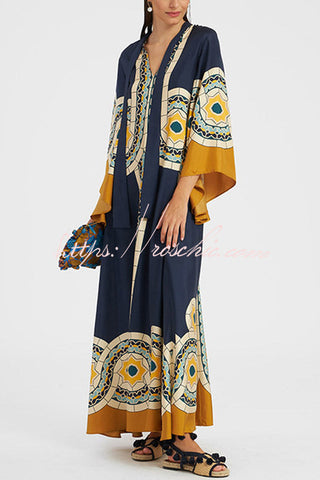 Shine The Light Unique Printed High Neck Bell Sleeve Loose Maxi Dress