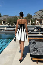 Chic Black and White Halter Waist Cinching Bandage Vacation Mini Dress